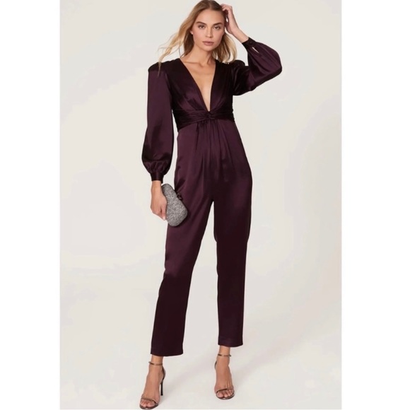 MAC DUGGAL Plunge Neck Long Sleeve Satin
Jumpsuit in Plum Size US 6 C9 - Picture 1 of 9